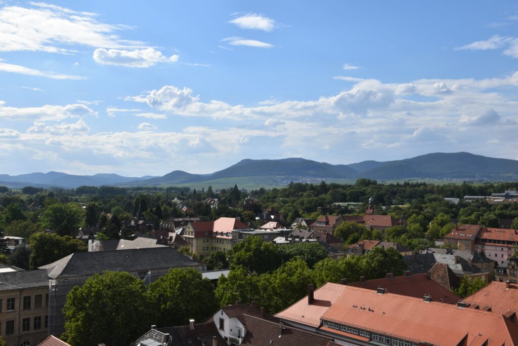 Aussicht auf die Dächer einer Stadt mit Bergen im Hintergrund