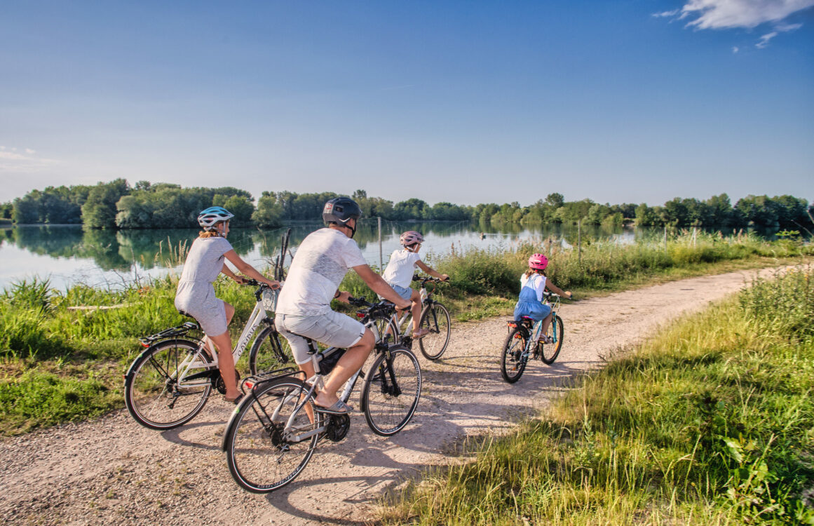 Familie bei einer Fahrradtour am Rheinufer