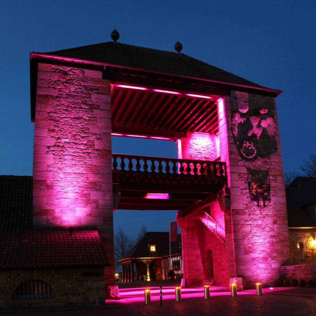 Das Deutsche Weintor in Schweigen-Rechtenbach rosa beleuchtet.