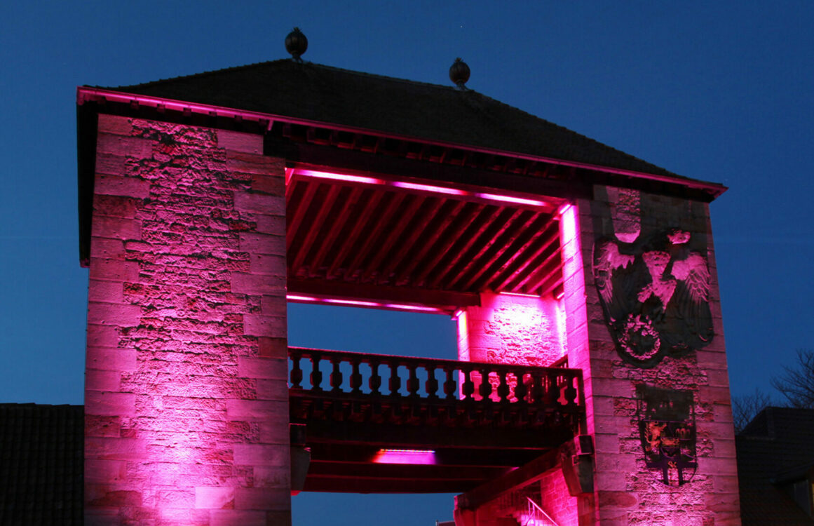 Das Deutsche Weintor in Schweigen-Rechtenbach rosa beleuchtet.